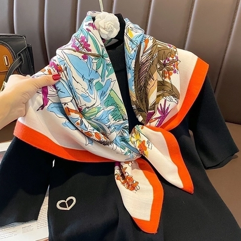 Foulard Carré Rétro Pour Femmes Imprimé Tropical Polyester Aspect Satin Bandana Mode Bordure Contrastée Motif Floral