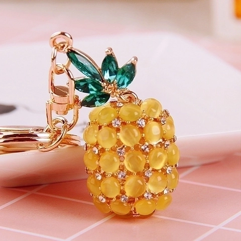 Fruit Keychain Metal Rhinestone Cat Eye Stone Pineapple Strawberry Cherry Bag Pendant Car Key Ring Jewelry Accessory