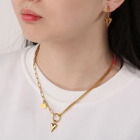 Double Layer Mixed Chain Heart Pendant Necklace And Earrings Stainless Steel Round Tag Trendy Jewelry