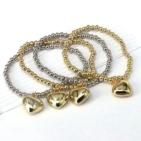 Fashion Copper Bead Elastic Bracelet With Heart Pendant 18K Gold Silver Plated Sweet Jewelry For Women Daily Gift