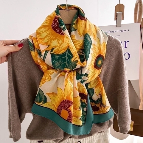 Écharpe Châle Imprimé Tournesols Élégant Polyester Imitation Laine De Mouton Sergé Large Enveloppement Hiver Mode