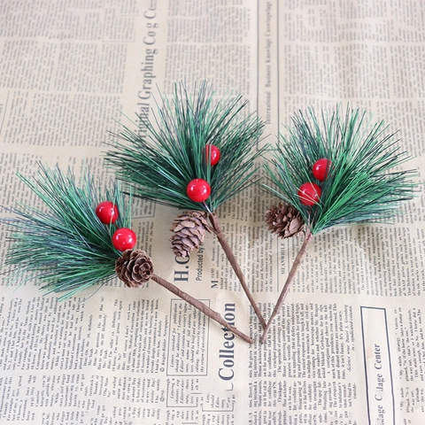 Artificial Christmas Pine Branch With Red Berries And Pine Cones For DIY Holiday Wreath Festive Home Table Decoration