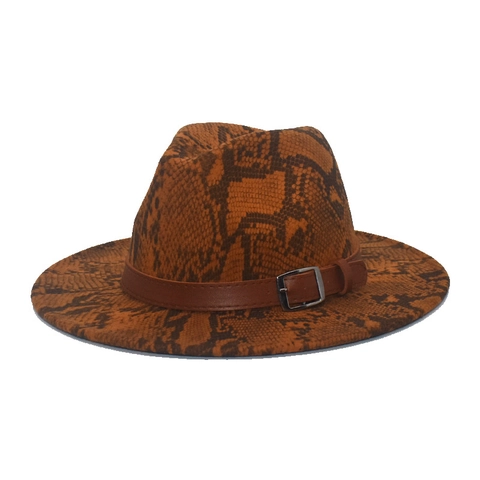 Cappello Fedora Stampa Serpente Tesa Larga Feltro Di Lana Jazz Cap Con Fibbia In Metallo Pelle Moda Vintage Outdoor Donna