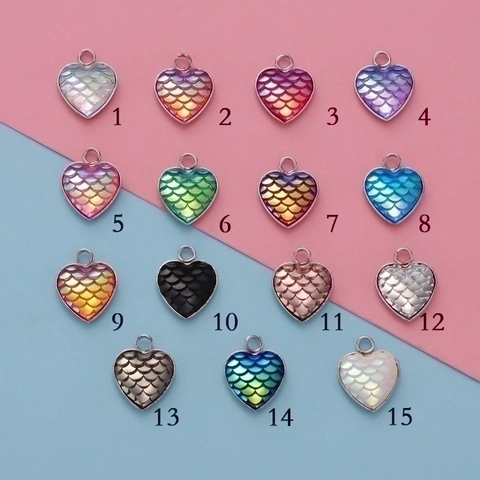Ciondoli Cuore Acciaio Inossidabile Resina Squama Di Pesce Sirena Cangiante Per Creazione Gioielli DIY Collane Bracciali