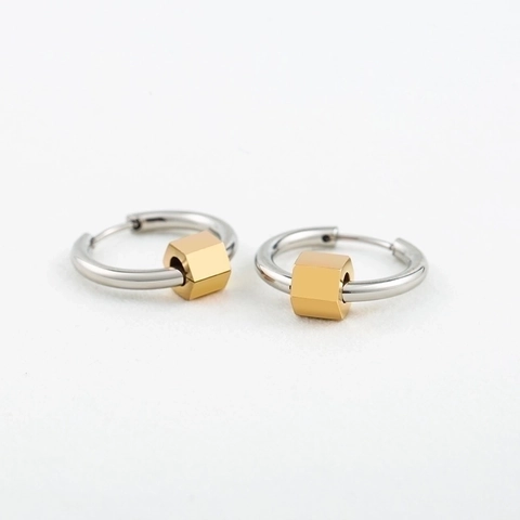 Boucles d'Oreilles Créoles en Acier Inoxydable Minimalistes Avec Pendentif Cube Géométrique Bicolore Or Argent Punk Unisexe Bijoux