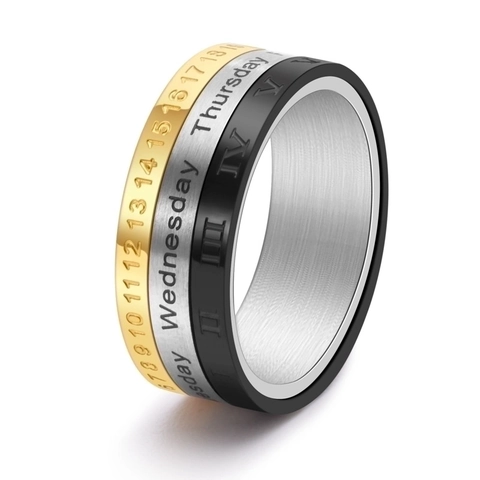 Rotatable Calendar Ring Titanium Steel Tricolor Roman Numeral Date Week Men Spinner Band Trendy Jewelry