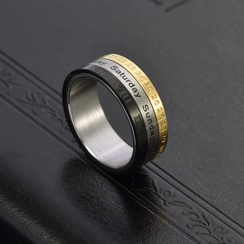 Rotatable Calendar Ring Titanium Steel Tricolor Roman Numeral Date Week Men Spinner Band Trendy Jewelry
