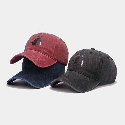 Washed Cotton Baseball Cap Vintage Distressed Funny Black Cat Knife Meme Embroidery Adjustable Outdoor Sun Hat Unisex