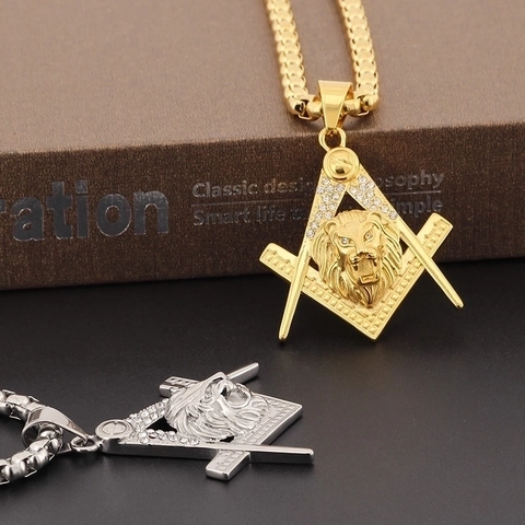 Lion Head Pendant Necklace Stainless Steel Rhinestone Masonic Square And Compass Hip Hop Jewelry For Men Bold Style