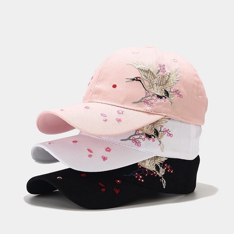 Gorra De Béisbol De Algodón Con Bordado De Grulla Y Flor De Cerezo Sombrero De Sol Étnico Ajustable Para Mujer