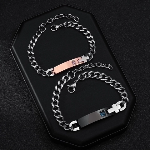 Bracciale Per Coppie Con Croce In Acciaio Inossidabile Catena Cubana Zircone Quadrato Intarsiato Gioielli Punk Per Uomo E Donna