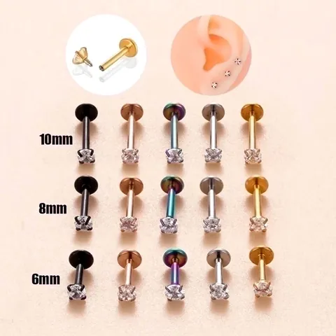 Piercing Labret In Acciaio Inossidabile Con Filettatura Interna E Zirconia Rotonda Base Piatta Gioielli Per Cartilagine