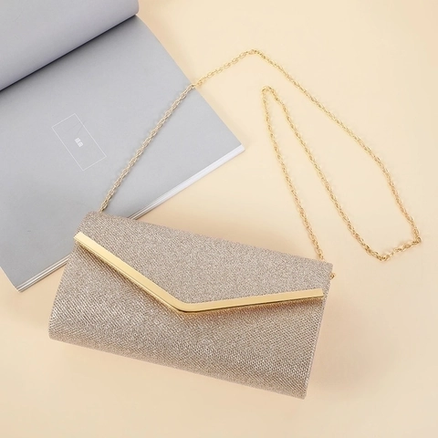 Women Evening Clutch Bag Glitter Envelope Handbag With Chain Strap V-Shape Metal Trim For Party Wedding