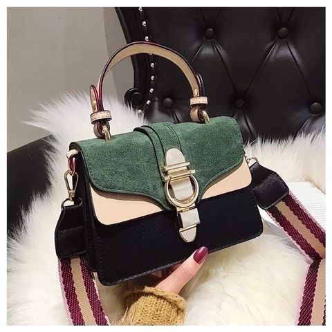 Retro Color Block Crossbody Bag PU Leather Suede Stitching Wide Striped Strap Handbag Round Gold Lock Fashion Women