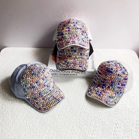 Gorra De Béisbol Para Mujer Moda Algodón Mercerizado Decorado Perla Artificial Estrás Ajustable Protección Solar Deportivo
