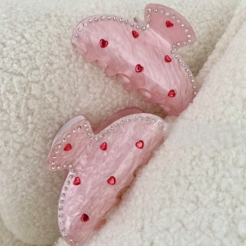 Zoete Roze Acetaat Haarklem Met Strass Hartpatroon Handgemaakte Haarkrabber Voor Dames Mode Haaraccessoires Cadeau