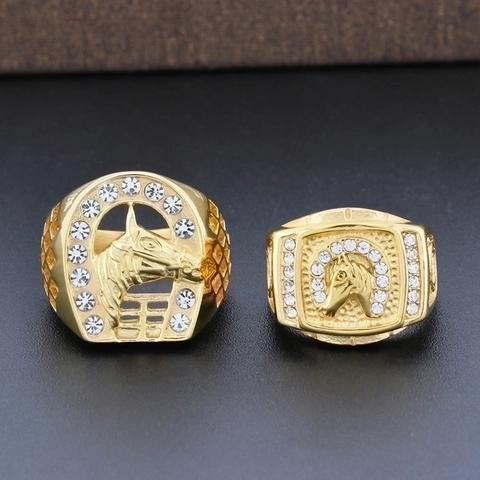 Stainless Steel Men Ring Horse Head Horseshoe Relief Inlaid Rhinestone Hip Hop Retro Fashion Jewelry