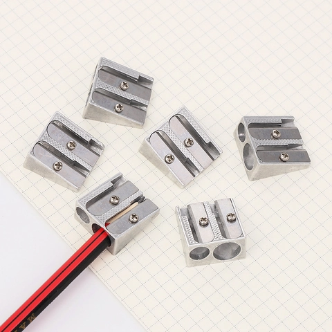 Taille-crayon En Alliage Aluminium Manuel Double Trou Forme Coin Métal Pour Étudiant Et Bureau Argent