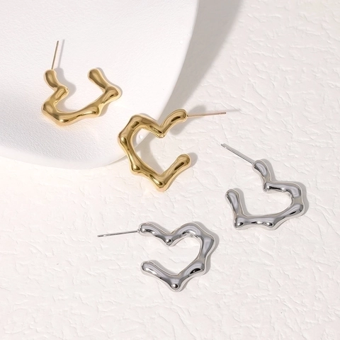 Heart Shaped Irregular Molten Stainless Steel Stud Earrings Minimalist Liquid Metal Style Modern Jewelry For Women