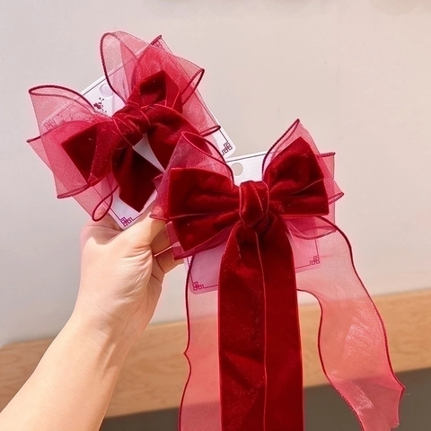 Molletta Per Capelli In Velluto Rosso Grande Fiocco Corona Di Strass Nastro In Rete Stile Cinese Festivo Bambine