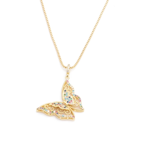 Exquisite Butterfly Pendant Necklace Gold Plated Copper With Multi-Colored Zircon Stones Elegant Jewelry For Women