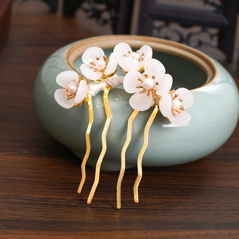 Vintage Chinese Style Hair Fork Alloy Resin Flower Imitation Artificial Pearl Hanfu Headpiece Retro Wedding Hair Accessory For Women