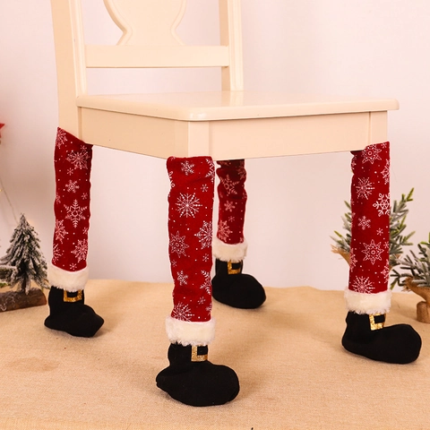 Housses de Pieds de Chaise de Noël en Tissu Brossé Imprimé Flocon de Neige Style Bottes d'Elfe Rouges Chaussettes de Meubles Antidérapantes Décoration de Noël
