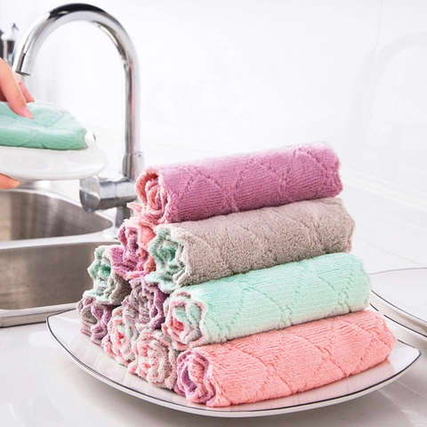 Paños De Limpieza De Cocina Microfibra Vellón De Coral Engrosado Doble Capa Absorbente Rejilla De Diamante Borde Ondulado Trapos