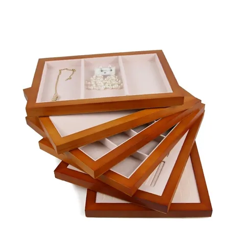 Wooden Jewelry Display Tray With Microfiber Lining Professional Ring Necklace Bracelet Organizer Multi Slot Stackable