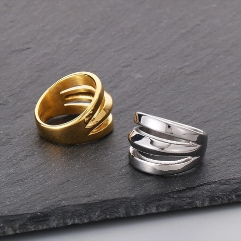316L Stainless Steel Ring Three Layer Hollow Wide Band Polished Minimalist Men Fashion Accessory