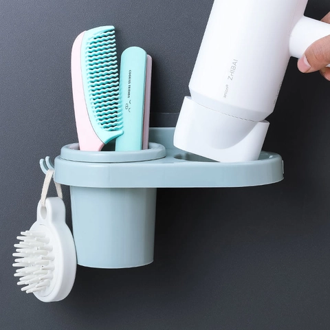 Wall Mounted Hair Dryer Holder Bathroom Storage Rack No Drill PP Plastic Organizer With Comb Bucket Hooks For Haircare Tools
