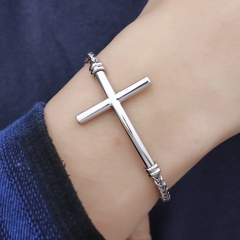 Horizontale Gebogen Kruis Armband Roestvrij Staal Gevlochten Tarweketting Religieuze Mode Sieraden Voor Heren Dames