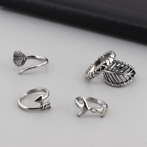 Anillo Abierto de Acero Inoxidable Vintage Flecha Corazón Hoja Eros Strass Ajustable Niche Punk Joyería Para Hombre Mujer
