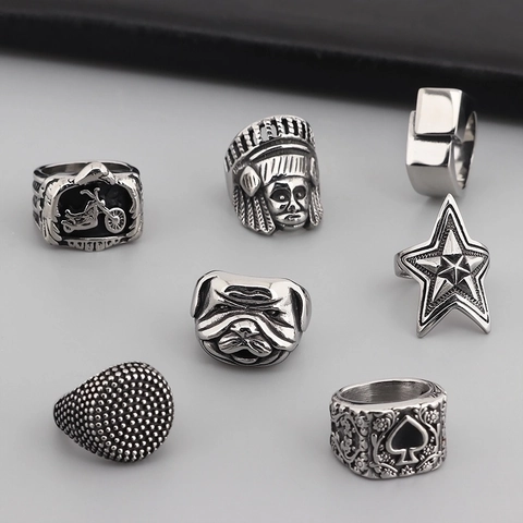 Retro Punk Men Rings Stainless Steel Indian Chief Skull Star Anchor Spade Biker Hip Hop Jewelry Vintage Signet Ring