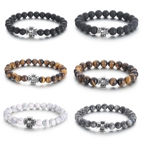Bracciale Da Uomo In Pietre Naturali Con Ciondolo A Croce Con Teschio In Acciaio Inossidabile Stile Punk Retrò Gotico Agata Occhio Di Tigre