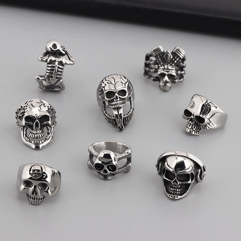 Totenkopf Ring Herren Edelstahl Gothic Punk Kopfhörer Skelett Biker Vintage 3D Geschnitzter Schmuck Cooles Accessoire