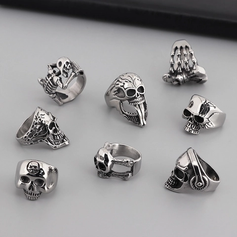 Totenkopf Ring Herren Edelstahl Gothic Punk Kopfhörer Skelett Biker Vintage 3D Geschnitzter Schmuck Cooles Accessoire