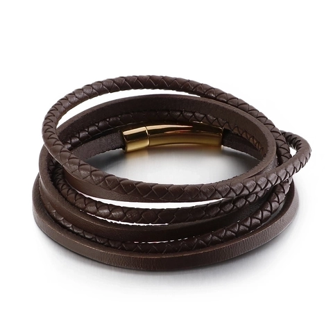 Pulsera De Cuero Multicapa Para Hombre Cuero De Vaca Trenzado Brazalete Envuelto Personalidad Vintage Cierre Magnético De Acero Inoxidable