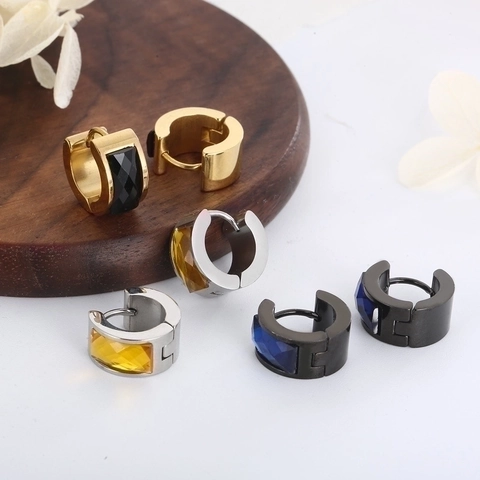 Boucles D'oreilles Huggie Hoop En Acier Inoxydable Avec Incrustation De Zircone Rectangulaire Bijoux Punk Géométriques