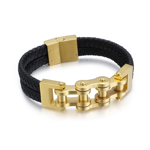 Bracciale Uomo Pelle Intrecciata Acciaio Inossidabile Catena Da Bicicletta Industriale Punk Biker Gioielli Con Chiusura Magnetica