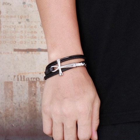 Men Multi-Layer Braided Leather Bracelet Stainless Steel Egyptian Ankh Cross Vintage Jewelry With Magnetic Clasp