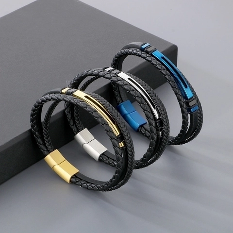 Bracciale Uomo Pelle Intrecciata Acciaio Inossidabile Multistrato Chiusura Magnetica Stile Punk Minimalista Gioielli Casual