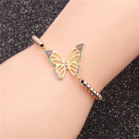Butterfly Bracelet For Women Copper With Colorful Zircon Inlaid Adjustable Beaded Box Chain Trendy Jewelry Gift