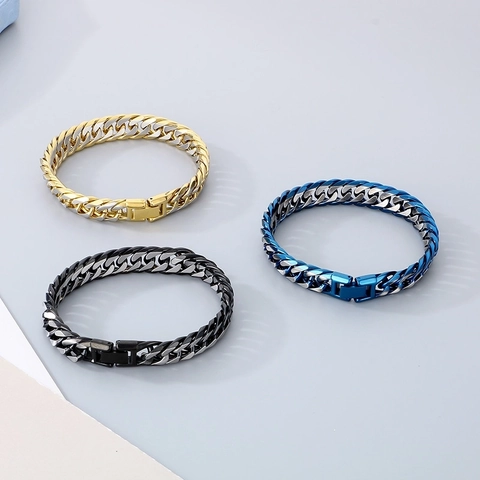 Herren Hip Hop Edelstahl Panzerkette Armband Halskette Zweifarbig Gold Blau Schwarz Irisierend Dicke Kette Trendy Schmuck Für Männer