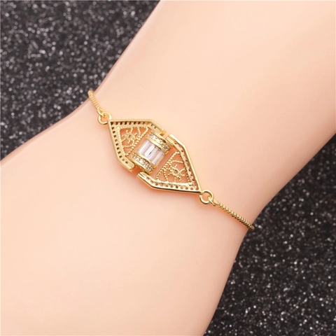 Bracciale Regolabile Rame Micro Pavé Zircone Catena Scatola Cavo Geometrico Gioielli Moda Donne