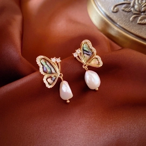 Vintage Schmetterling Ohrhänger Mit Abalone Muschel Zirkon Künstliche Barockperle Und 925 Sterling Silber Ohrstecker Für Damen