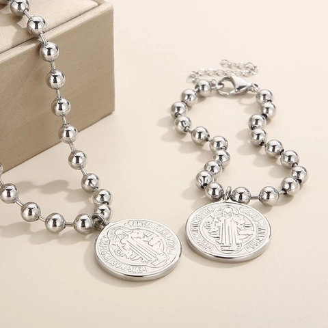 Medaglia Di San Benedetto Collana E Bracciale Acciaio Inossidabile Gioielli Di Protezione Religiosa Stile Vintage