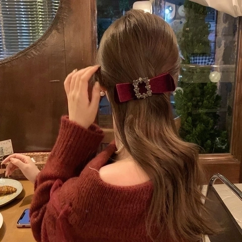 Molletta Per Capelli Con Fiocco In Velluto Elegante Con Strass Quadrati Fermaglio Vintage Per Donne