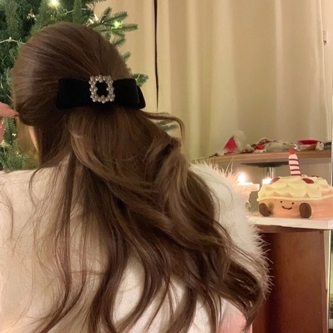 Molletta Per Capelli Con Fiocco In Velluto Elegante Con Strass Quadrati Fermaglio Vintage Per Donne