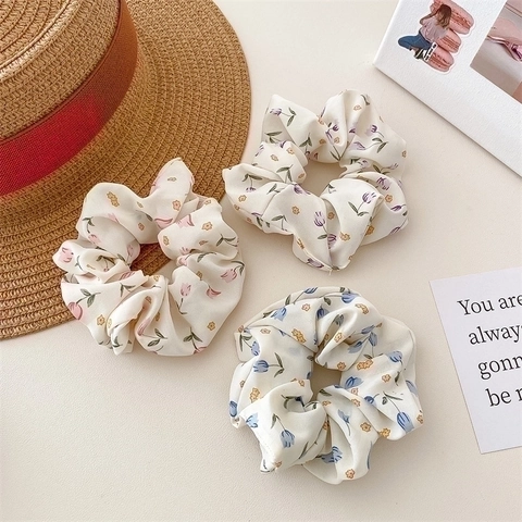 Floral Fabric Scrunchies Elastic Hair Ties Chiffon Organza Ponytail Holders Women Girls Fresh Sweet Style